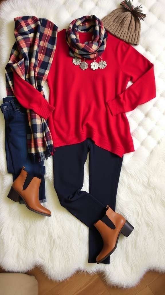 Stylish Christmas outfit with a red sweater, jeans, ankle boots, and plaid scarf on a cozy blanket.